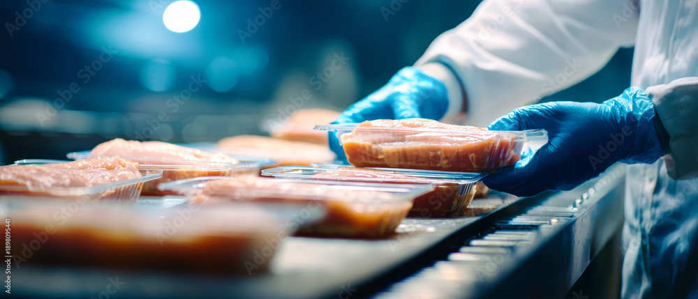 Fototapeta premium Worker in blue gloves stacks containers filled with chicken fillets on a conveyor belt in a meat processing plant during food production