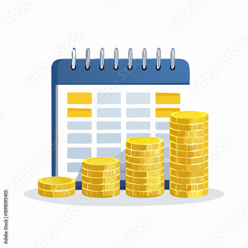 Calendar and growing coin stacks visually representing financial planning, investment strategies, savings goals, and wealth accumulation over time
