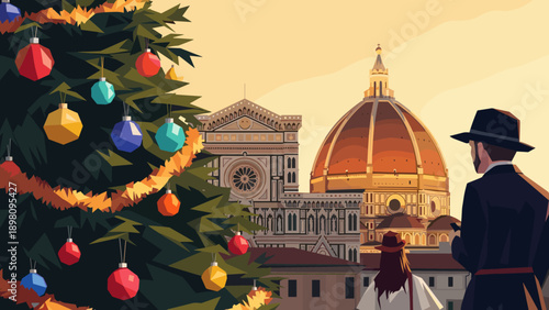 Sunset view of cathedral and festive christmas tree in florence cityscape