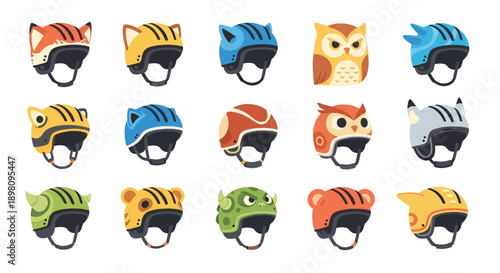 A vibrant collection of cartoon animal-themed safety helmets designed for children's sports and recreational activities, featuring various cute creature designs.