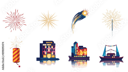 Colorful fireworks and cityscape elements in festive geometric style