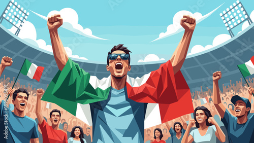 Excited fans celebrating at stadium with italian flag in hand-drawn style