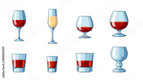 Cartoon glassware set: wine, champagne, and whiskey glasses