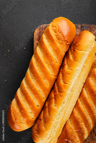 Fresh bun for hot dog natural baked goods soft ingredient appetizer fresh tasty table setting gourmet food background on the table rustic food top view copy space