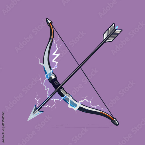 Fantasy Lightning Bow and Arrow with Electric Spark Effects on Purple Background