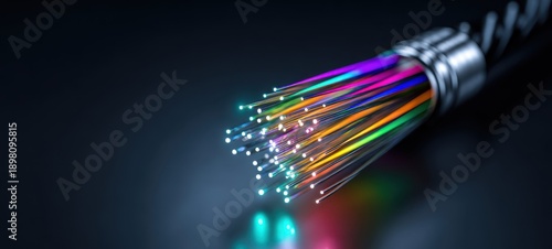 The Fiber Optic Cable with Vibrant Multicolored Light Ends on Dark Reflective Surface