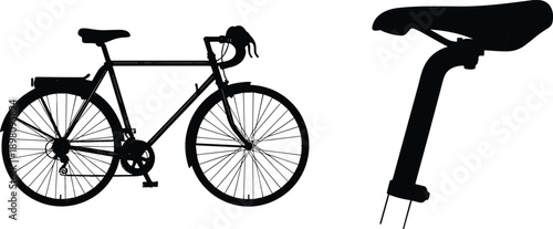 Bicycle and Bike Saddle Silhouette Illustration Showing Road Cycle and Seat Detail, Black Vector Transport and Cycling Equipment Design