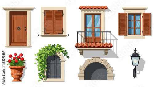 Charming mediterranean architectural elements: doors, windows, and balcony