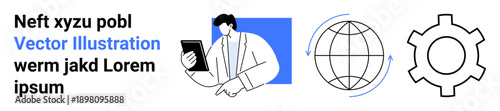 Person using tablet for analysis, globe with arrows, gear icon. Ideal for innovation, teamwork, global business, technology, process optimization, strategic planning simple landing page