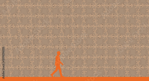 An abstract depiction of a solitary figure in orange, striding confidently against a textured neutral backdrop, representing movement and discovery.