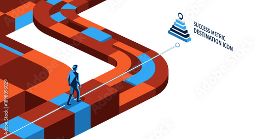 An ambitious person embarks on a strategic journey, overcoming challenges on a winding block path to reach a defined success metric destination.