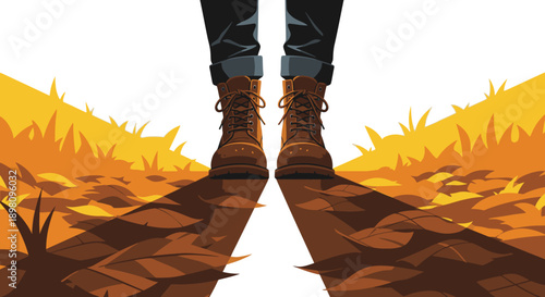 Rugged brown boots stand firmly on vibrant autumn ground, casting long, dramatic shadows that stretch forward, symbolizing a significant journey or path ahead.