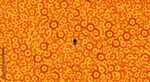 A solitary figure stands amidst a sea of vibrant orange circular patterns, evoking feelings of being lost or overwhelmed in a complex, abstract world.