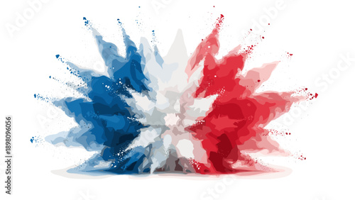 Abstract paint explosion in blue, white, and red with dynamic energy burst