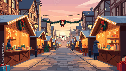 Festive christmas market at dusk with decorated wooden stalls and holiday lights