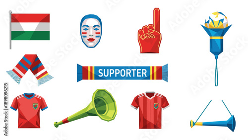 Soccer fan gear collection with flags, jerseys, and accessories in geometric style
