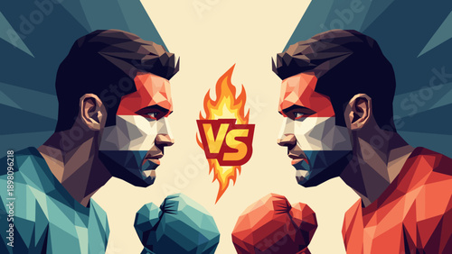 Polygonal style boxing showdown between rivals with fiery vs symbol