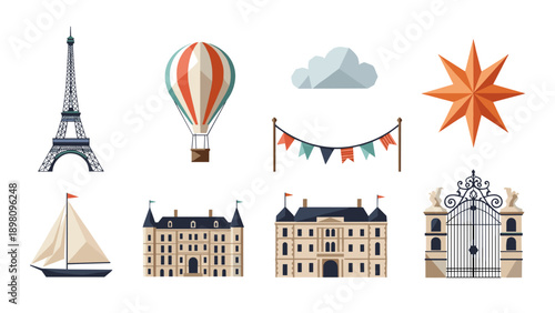 Paris landmarks and festive elements in flat design