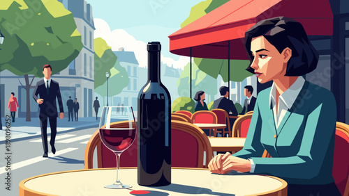 Elegant woman enjoying wine at outdoor cafe in vibrant urban scene