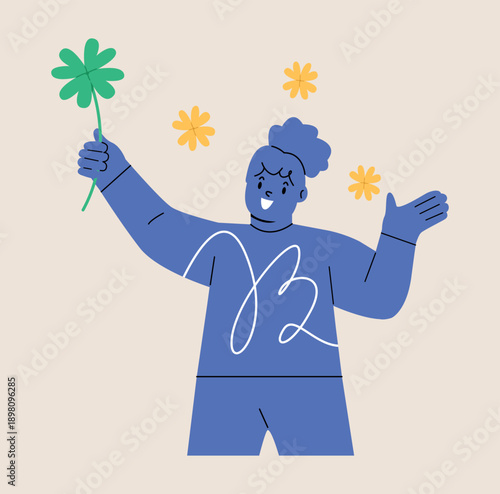 Smiling girl holding clover with four leaves feeling lucky. Colorful vector illustration