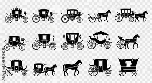 Collection of vintage horse-drawn carriages and horses in silhouette form, showcasing various historical transport designs.