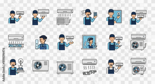Collection of air conditioning service icons featuring technicians, AC units, and repair tools for HVAC maintenance.
