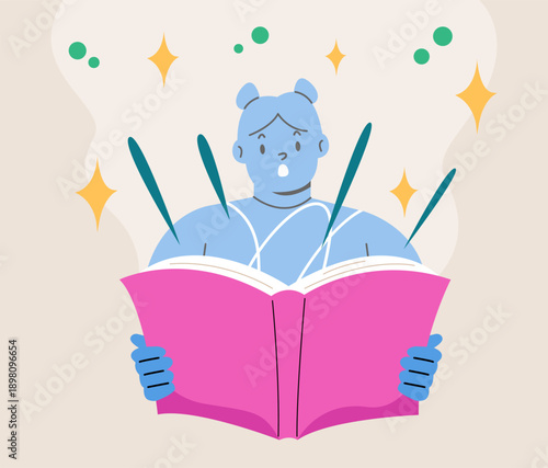 Girl with open book in hands reads fairy tale with interest. Colorful vector illustration