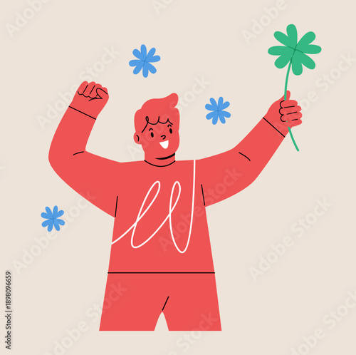 Smiling boy holding clover with four leaves feeling lucky. Colorful vector illustration