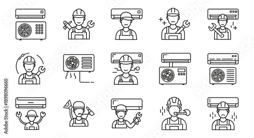A collection of line art icons depicting air conditioning units and technicians performing maintenance, repair, and installation services.
