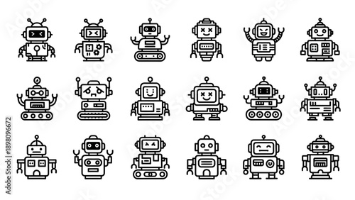 Collection of Simple Robot Icons in Various Poses.