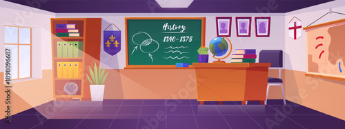History classroom interior vector flat illustration, cartoon school class room with teacher table, chalkboard, globe