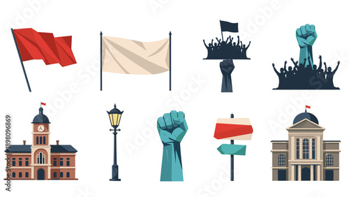 Protest and civic symbols collection featuring flags, fists, and landmarks