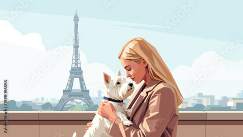 Woman embracing dog in front of eiffel tower with paris skyline