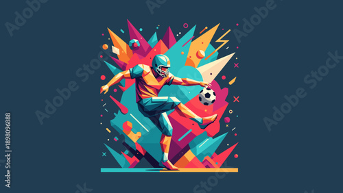 Colorful geometric soccer player kicking ball in abstract background