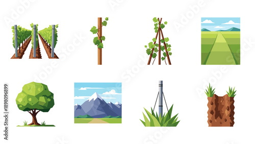 Nature elements collection: vineyard, mountains, and landscapes in flat design