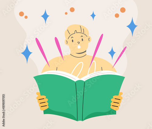 Boy with open book in hands reads fairy tale with interest. Colorful vector illustration