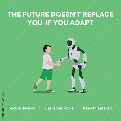 Vector art of adapting to the future a human and robot handshake for progress and security in a changing world, emphasizing the importance of adaptation artificial intelligence post