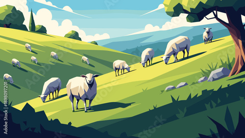 Geometric sheep grazing on a sunny hillside in a vibrant landscape
