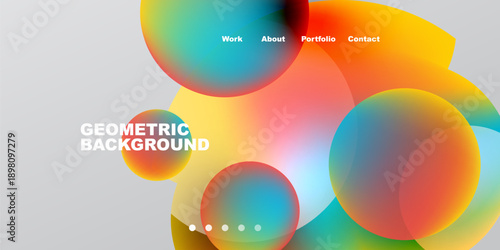 Abstract colorful shapes overlap. Text labels include work, about, portfolio, contact, geometric background. Dots indicate navigation options.