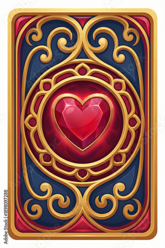 Valentine Fantasy Card Deck Back with Ruby Heart Gem and Gold Filigree Frame