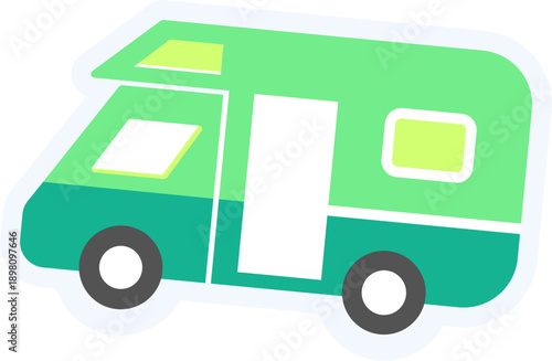 A green camper van is shown outdoors