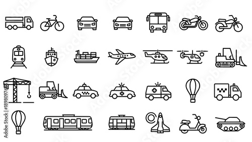 Collection of Simple Vehicle Icons Outlined.