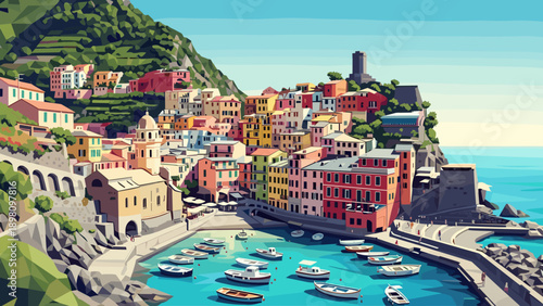 Colorful coastal town with boats in a geometric landscape