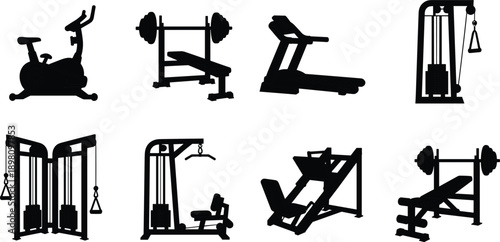 Gym Fitness Equipment Icons Set in Black Silhouette Style, Workout Machines, Strength Training, Cardio Exercise Vector Collection