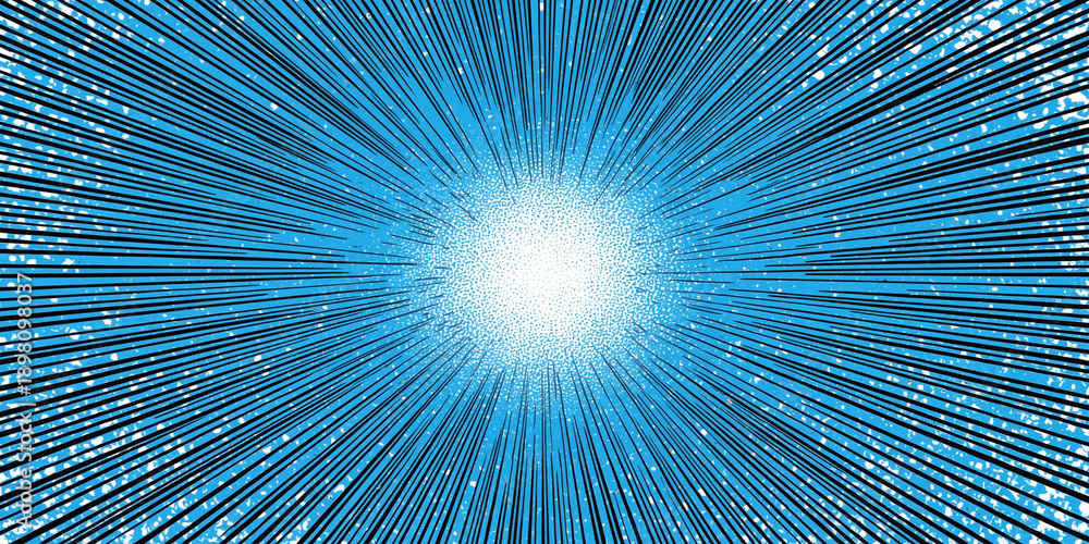 Obraz premium A burst of blue light radiates outward, creating a dynamic and energetic visual effect. The scene conveys a sense of speed and movement.
