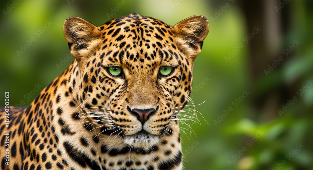 Obraz premium Majestic leopard with striking green eyes and distinctive spotted coat, gazing intently amidst lush greenery, showcasing the beauty of wildlife in its natural habitat