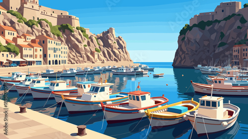 Picturesque harbor with colorful boats and historic architecture in vibrant coastal scenery