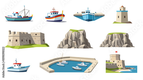 Coastal fortress and boats: stylized nautical scene with lighthouses and cliffs