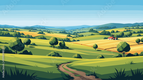 Rolling hills landscape with cottage and trees in vibrant geometric style