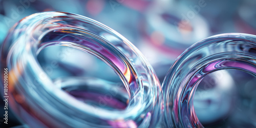 Close-up of transparent glass rings with colorful reflections. The background features a blurred, abstract design with soft lighting.